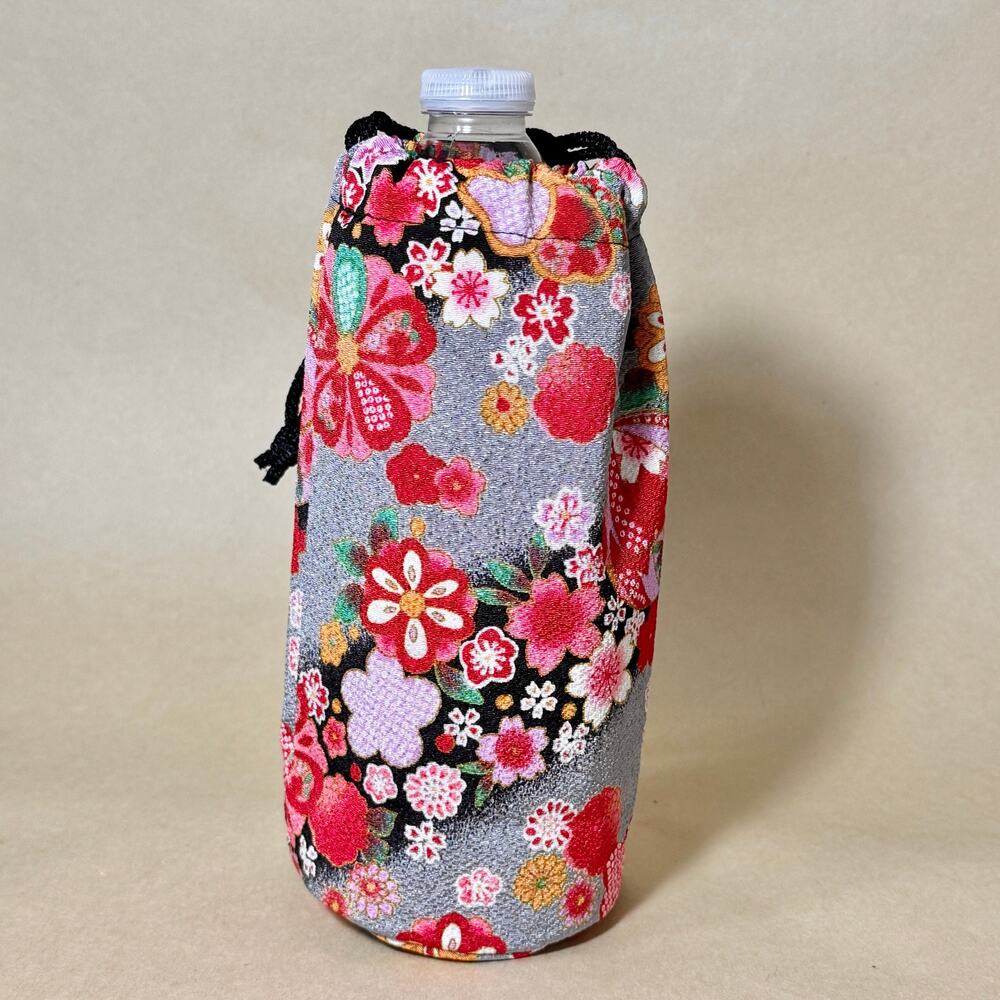 Japanese Chirimen Floral Water Bottle Cover 500ml Drawstring Pouch Gray Pink Red